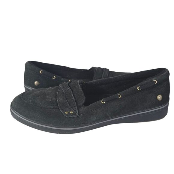 Black Suede Slip-On Loafers with Gold Studs - Picture 2 of 6